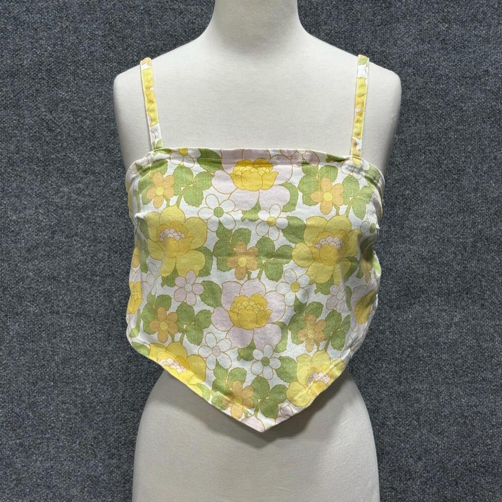 Show Me Your Mumu Tank Top Womens M Yellow Floral Tie Back Cropped Square Neck